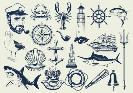 bundle of nautical elements set icons pattern vector illustration designのイラスト素材