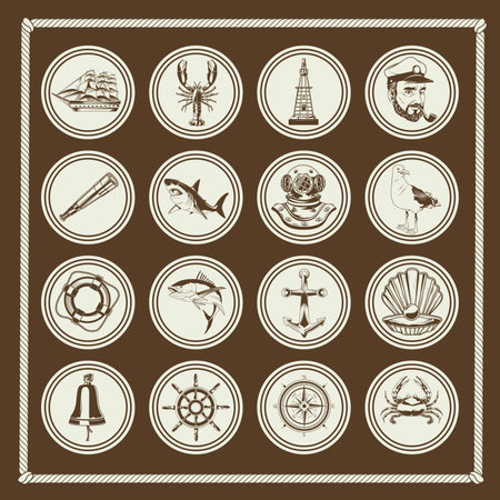 bundle of sixteen nautical elements set icons in vintage background vector illustration designのイラスト素材