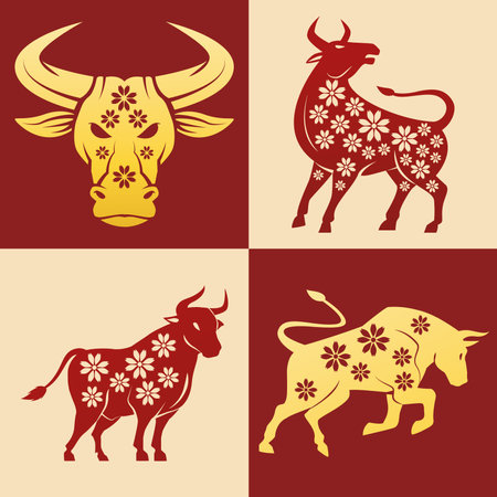 chinese new year 2021 oxen set icons vector illustration designのイラスト素材