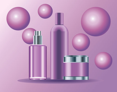 set of three skin care bottles purple color products icons vector illustration designのイラスト素材