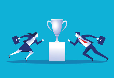 elegant business couple workers with trophy cup characters vector illustration designのイラスト素材