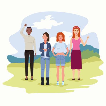 bundle of four beautiful women in the landscape vector illustration designのイラスト素材