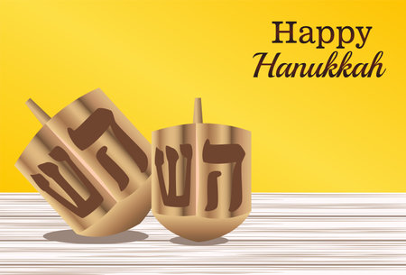 happy hanukkah celebration lettering with jewish dreidels vector illustration designのイラスト素材