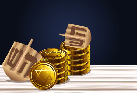 happy hanukkah celebration with dreidels and coins vector illustration designのイラスト素材