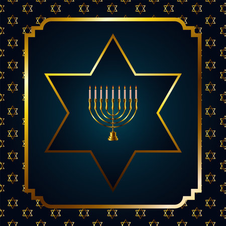 happy hanukkah celebration with golden chandelier and stars in square frame vector illustration designのイラスト素材