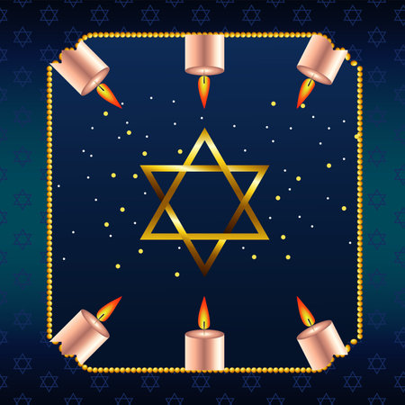 happy hanukkah celebration with golden star and candles in square frame vector illustration designのイラスト素材