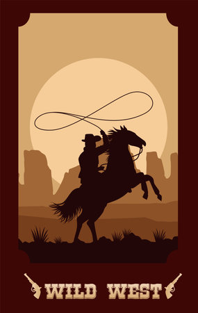 wild west lettering in poster with cowboy in horse lassoing vector illustration designのイラスト素材