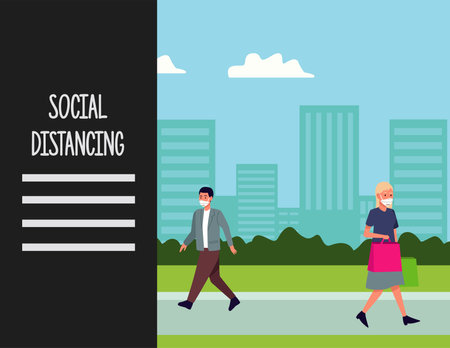 social distancing for   prevention campaign with couple wearing medical masks on the city vector illustration designのイラスト素材