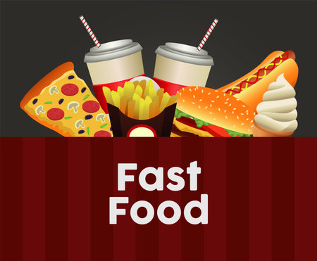 delicious fast food menu template in black and red background vector illustration designのイラスト素材