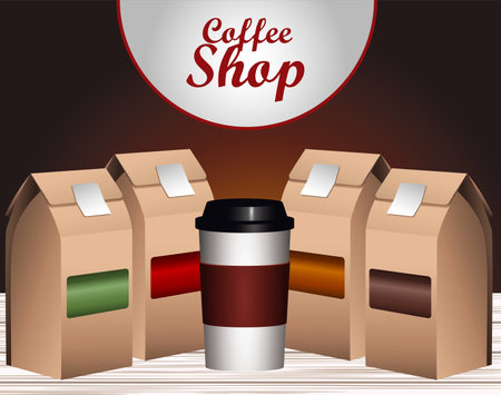 coffee shop lettering with pot and packing boxes vector illustration designのイラスト素材