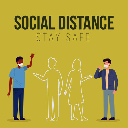 social distancing for   prevention campaign with men wearing medical masks vector illustration designのイラスト素材