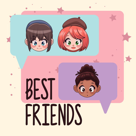 young interracial teenagers girls in speech bubbles characters vector illustration designのイラスト素材