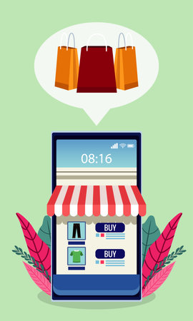 online shopping technology with store facade in smartphone and leafs vector illustration designのイラスト素材
