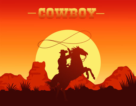 cowboy lettering in wild west scene with cowboy lassoing in horse vector illustration designのイラスト素材