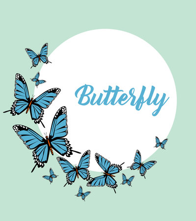 blue butterflies lettering poster circular frame vector illustration designのイラスト素材
