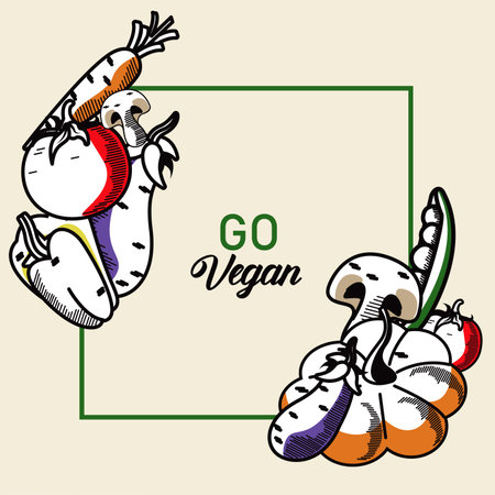 go vegan lettering poster with vegetables in square frame vector illustration designのイラスト素材