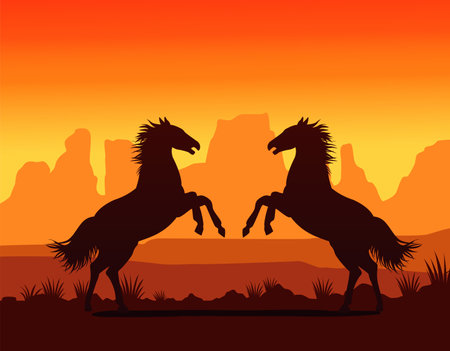 wild west sunset scene with horses vector illustration designのイラスト素材