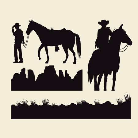 cowboys with horses animals and terrains silhouettes vector illustration designのイラスト素材