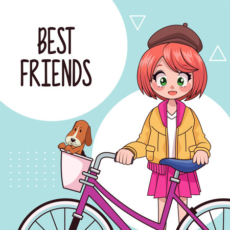 young teenager girl in bicycle anime character vector illustration designのイラスト素材