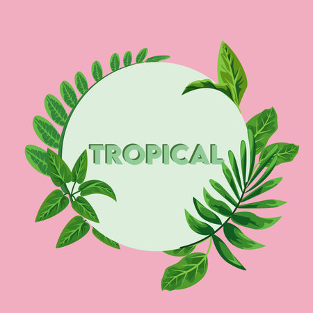 tropical lettering poster with green leafs in circular frame vector illustration designのイラスト素材