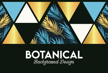 botanical lettering in poster with golden and blue leafs in triangles figures vector illustration designのイラスト素材