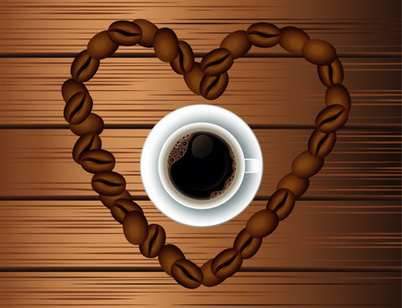 delicious coffee drink poster with cup and heart grains in wooden background vector illustration designのイラスト素材