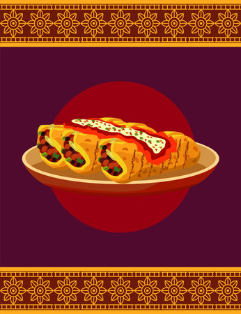 mexican food restaurant poster with burritos in dish vector illustration designのイラスト素材