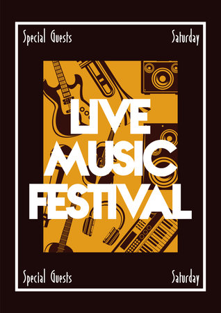 live music festival lettering poster with musical instruments in square frame vector illustration design