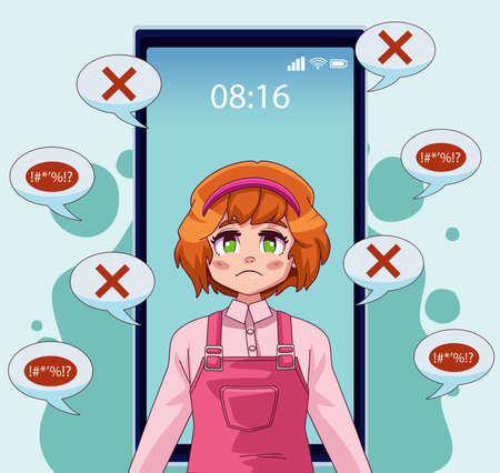 smartphone with teenager girl and speech bubbles attacking vector illustration designのイラスト素材