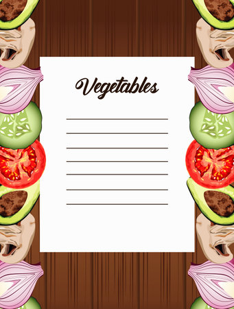 vegetables lettering in paper note with healthy food in wooden background vector illustration designのイラスト素材