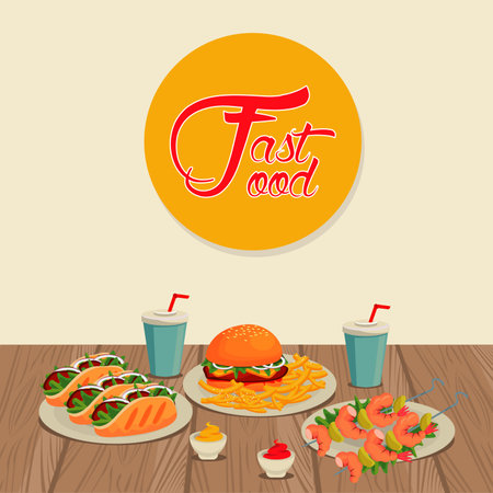 delicious fast food in wooden table with lettering vector illustration designのイラスト素材