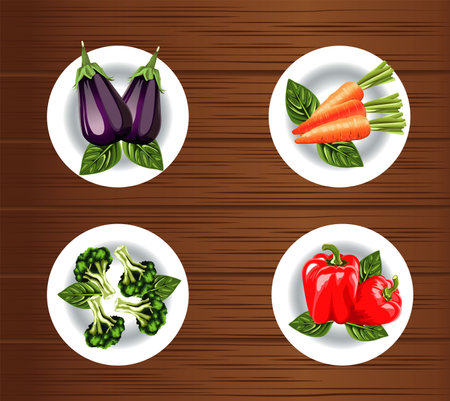 vegetarian food with vegetables in dish over wooden background vector illustration designのイラスト素材
