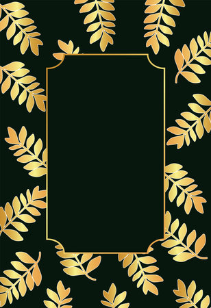 tropical golden leafs and frame in black background vector illustration designのイラスト素材