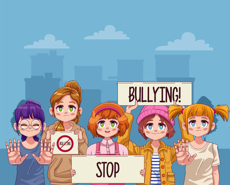 young teenagers girls with stop bullying letterings in protest banners vector illustration designのイラスト素材