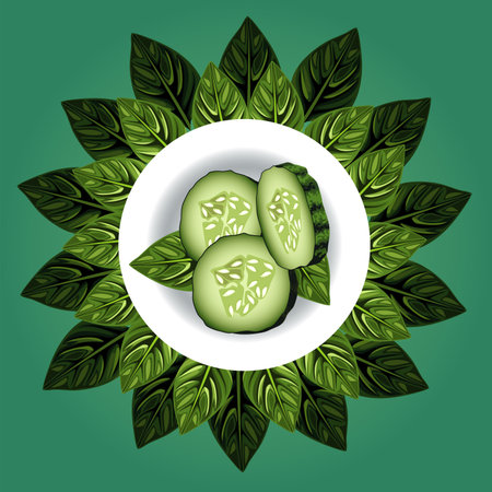 vegetarian healthy food with cucumber in dish and leafs vector illustration designのイラスト素材