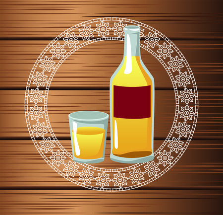 mexican tequila bottle and cup in wooden background vector illustration designのイラスト素材