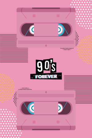 90s forever lettering with cassette in pink background vector illustration designのイラスト素材