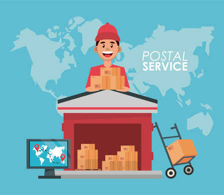 boxes packing in warehouse with worker and computer vector illustration designのイラスト素材