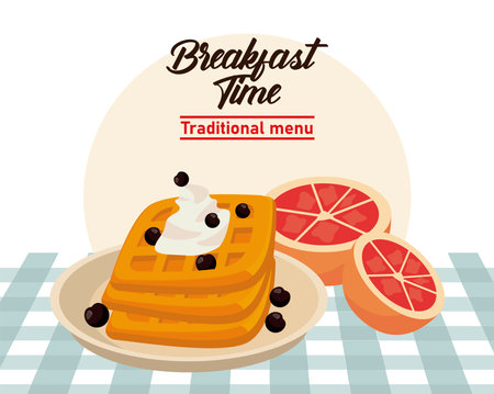 breakfast time lettering poster with breads and oranges vector illustration designのイラスト素材