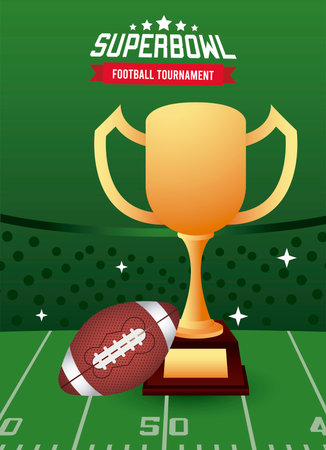 super bowl championship lettering in poster with trophy cup and balloon vector illustration designのイラスト素材