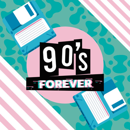 90s forever lettering with floppy disks in abstract background vector illustration designのイラスト素材