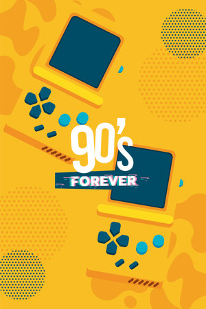90s forever lettering with video games portables yellow background vector illustration designのイラスト素材