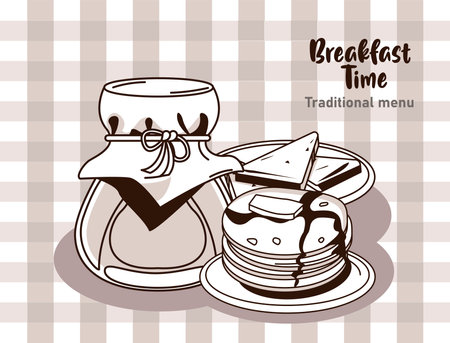 breakfast time lettering poster with honey and pancakes vector illustration designのイラスト素材