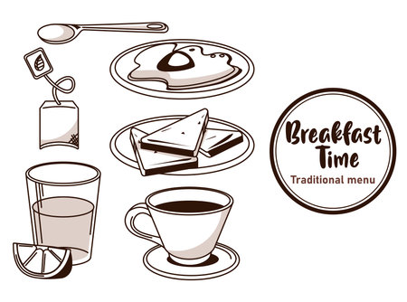 breakfast time lettering in circular frame poster with bundle ingredients vector illustration designのイラスト素材