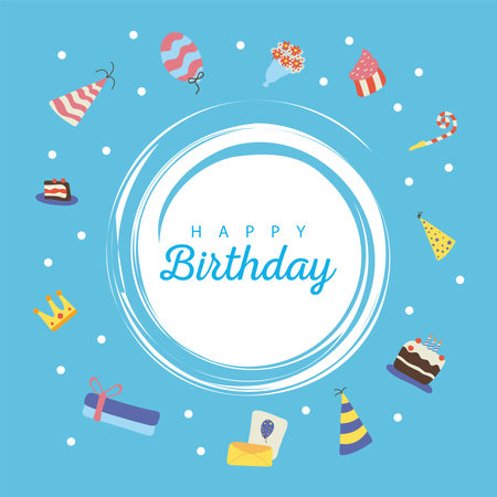 bundle of happy birthday celebration flat style icons and lettering in circular frame vector illustration designのイラスト素材
