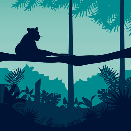 jungle wild nature green color landscape with cougar scene vector illustration designのイラスト素材