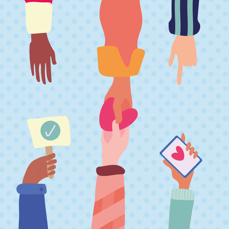 group of six hands friendship drawn style icon vector illustration designのイラスト素材