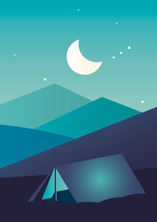 camping tent in adventure night landscape scene vector illustration designのイラスト素材