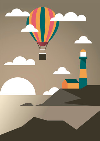 seascape with lighthouse and balloon air hot adventure travel landscape scene vector illustration designのイラスト素材