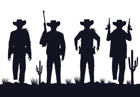 cowboys figures silhouettes with guns characters in the desert vector illustration designのイラスト素材